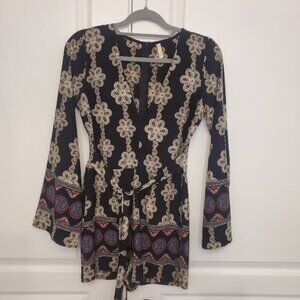 SAGE Boho Romper Black  Floral Medallion Belt Tie waste, Women's size Small